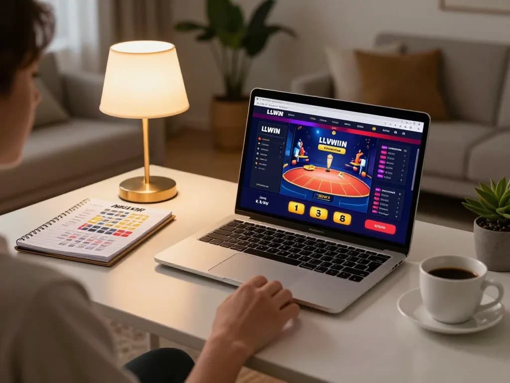 Person enjoying LLWIN Function gaming experience on a laptop with strategic betting notes.