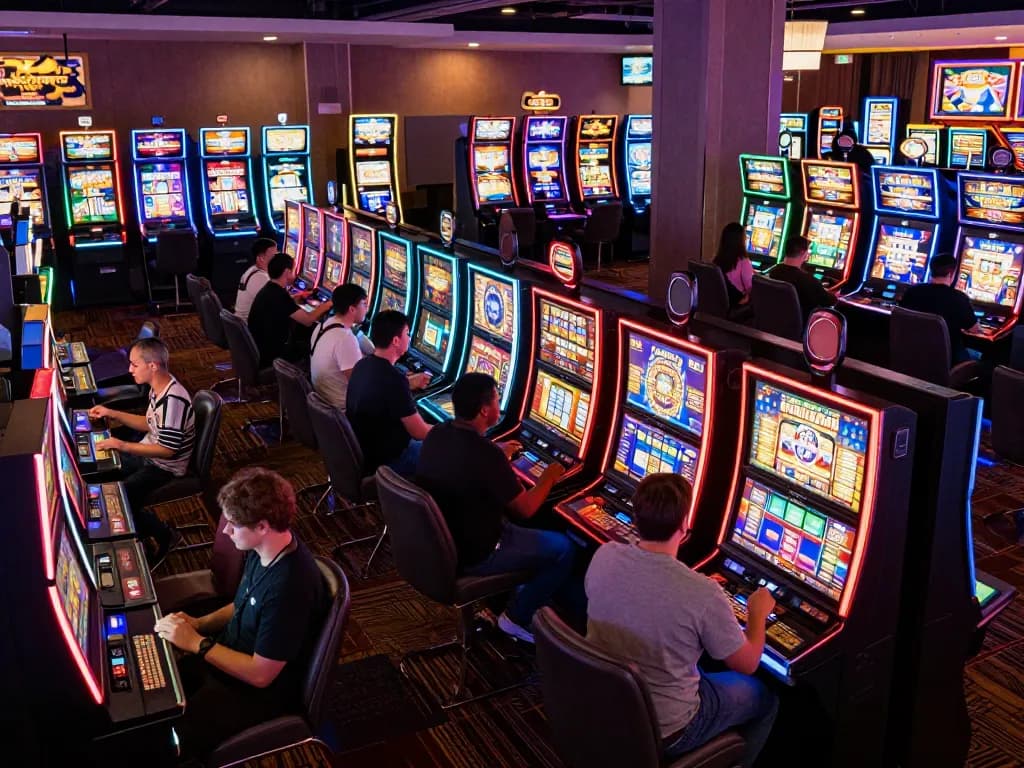 Experience slot bet kecil excitement with players engaging at colorful slot machines in a lively casino setting.