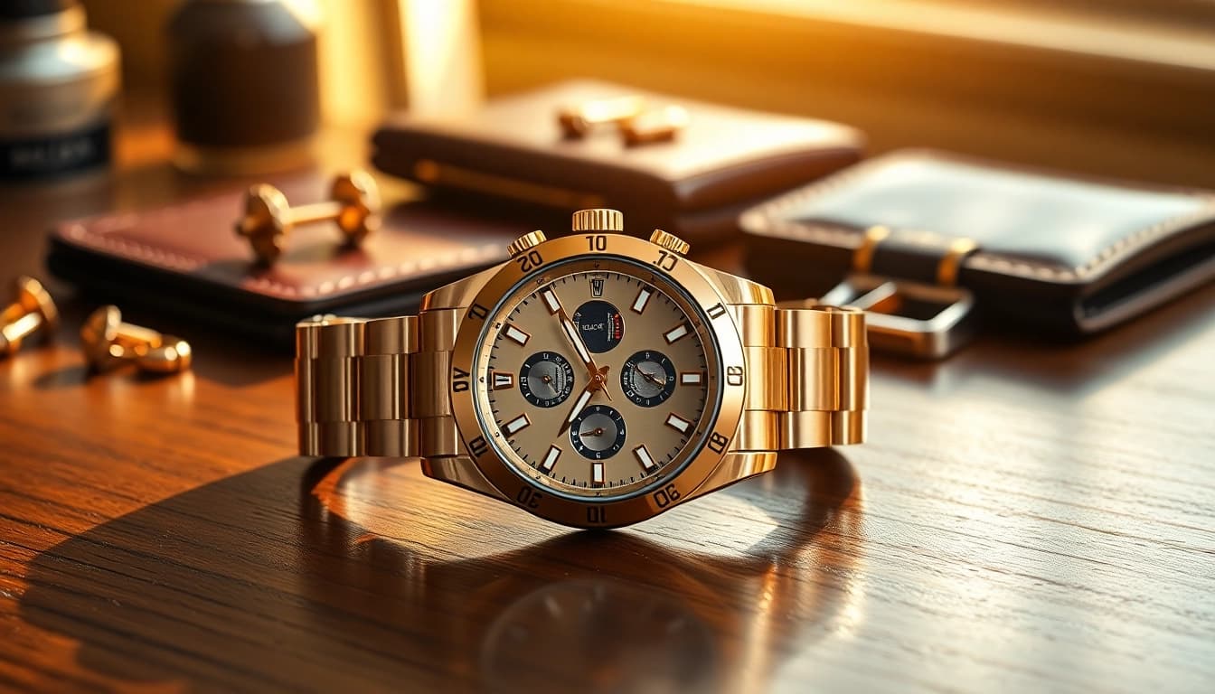 Showcasing a luxury rolex replica watch on polished wood, capturing its intricate design.