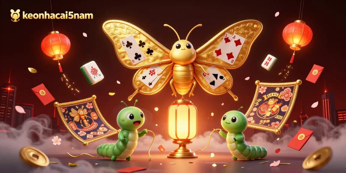 Engage with keonhacai5nam's vibrant casino scene featuring dazzling moths and golden lanterns amidst dynamic game elements.