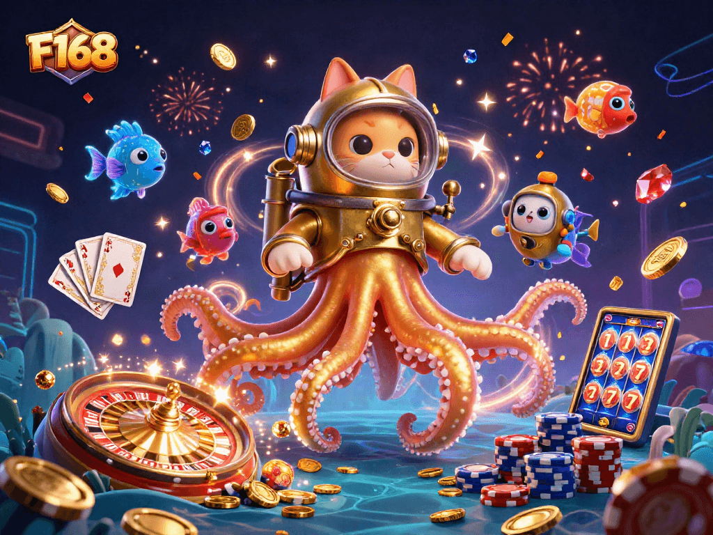F168: Spin the roulette wheel with a dazzling kraken and treasure-filled scene.