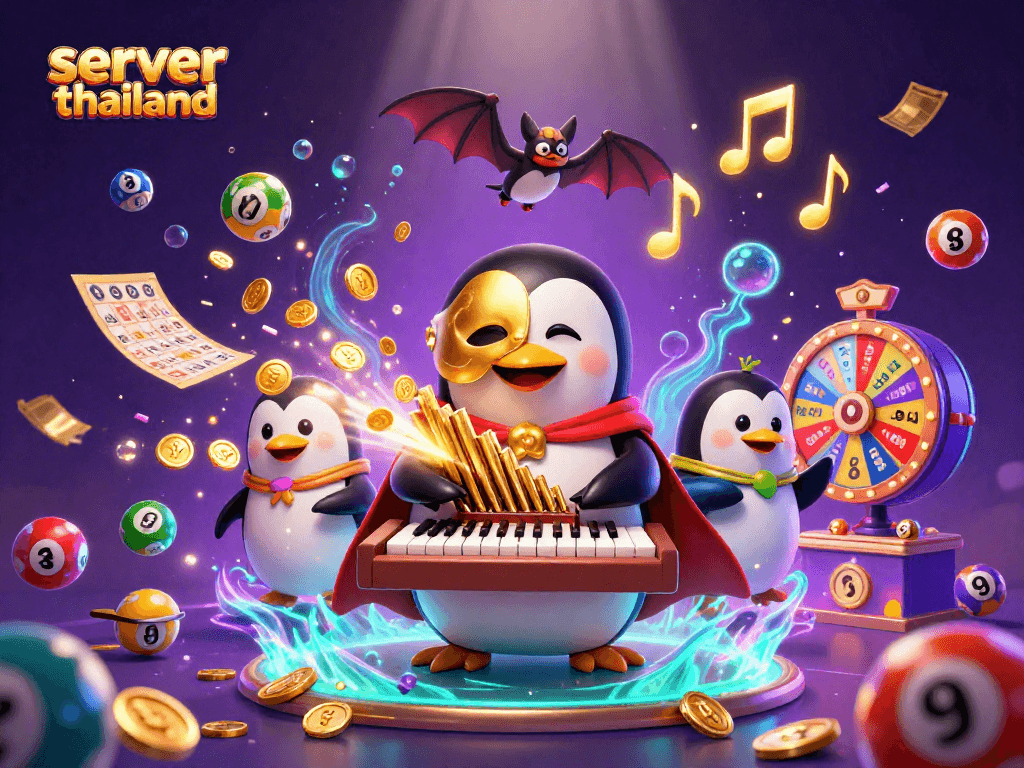 Take a winning spin with server thailand’s vibrant casino illustration, featuring a whimsical penguin playing for gold.