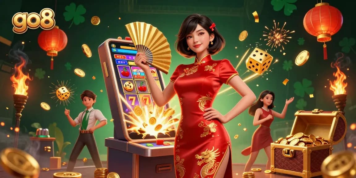 Play exciting casino games at go8 with vibrant visuals and dynamic elements, featuring stunning graphics of a beautiful Asian woman and jackpot rewards.