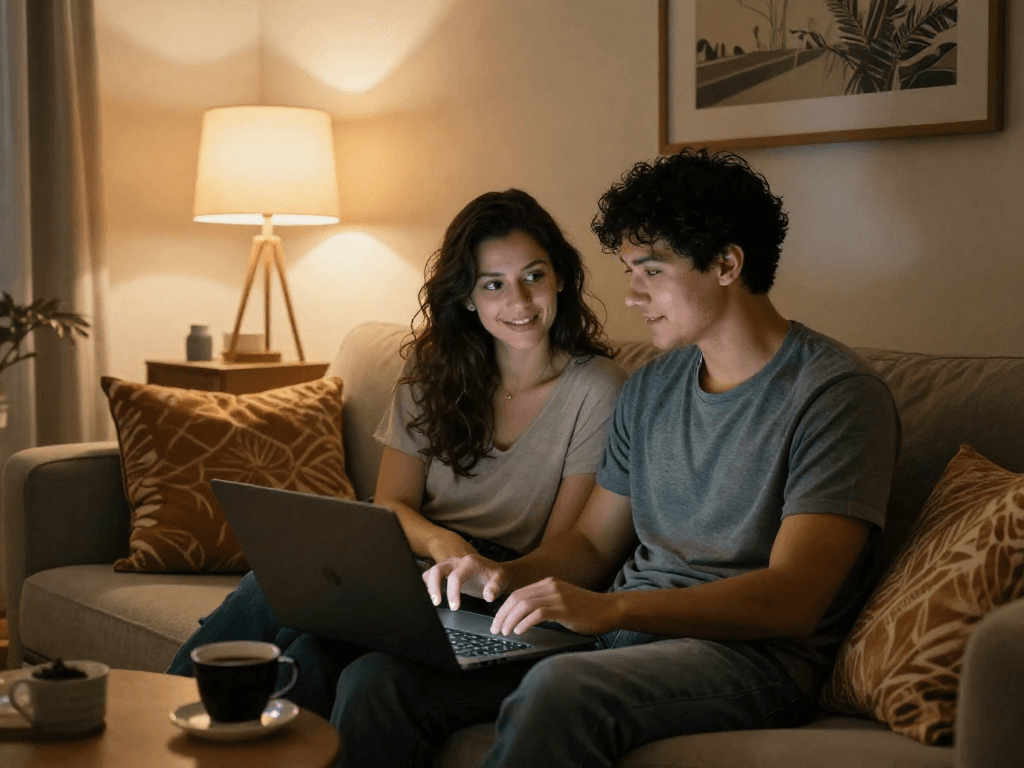 Couple using sex AI chat on a laptop in a cozy living room.