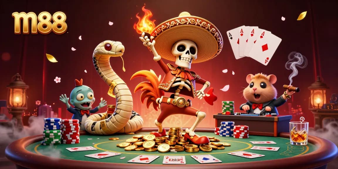 Experience m88's thrilling gaming atmosphere with vibrant characters and casino elements.