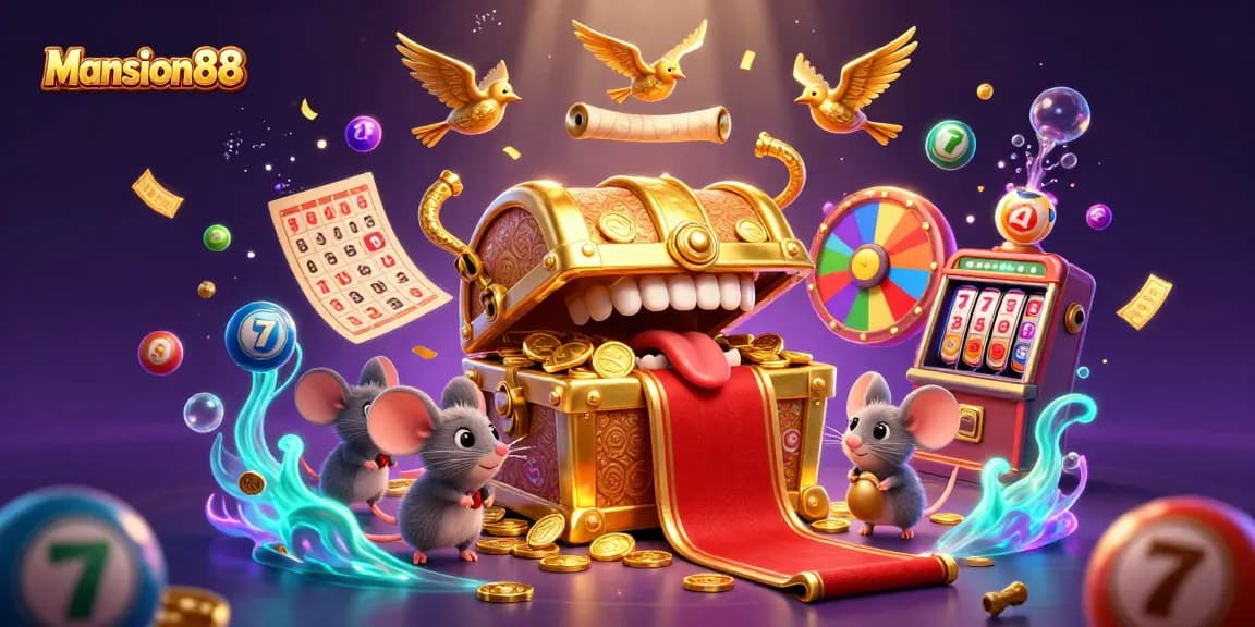 Mansion88: Experience the excitement with colorful lottery and casino elements in a vibrant scene.