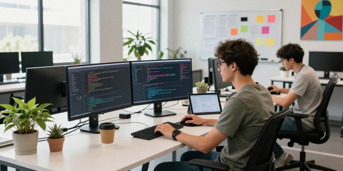 Programmer focused on coding in a vibrant co-working space using cika4d technology, with monitors showcasing code and collaboration.
