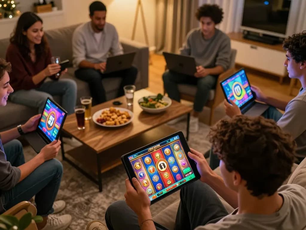 Engaging player spinning the reels on 7hh online slots during a lively home gaming night.