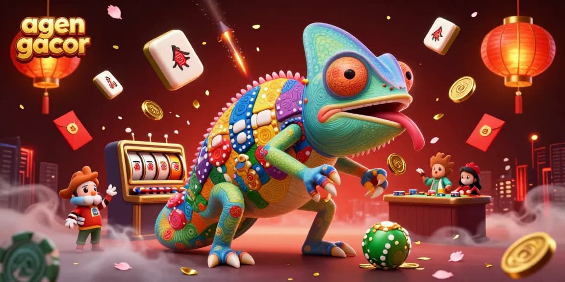 Play thrilling games at agen gacor, with vibrant 3D chameleon and magical casino elements.