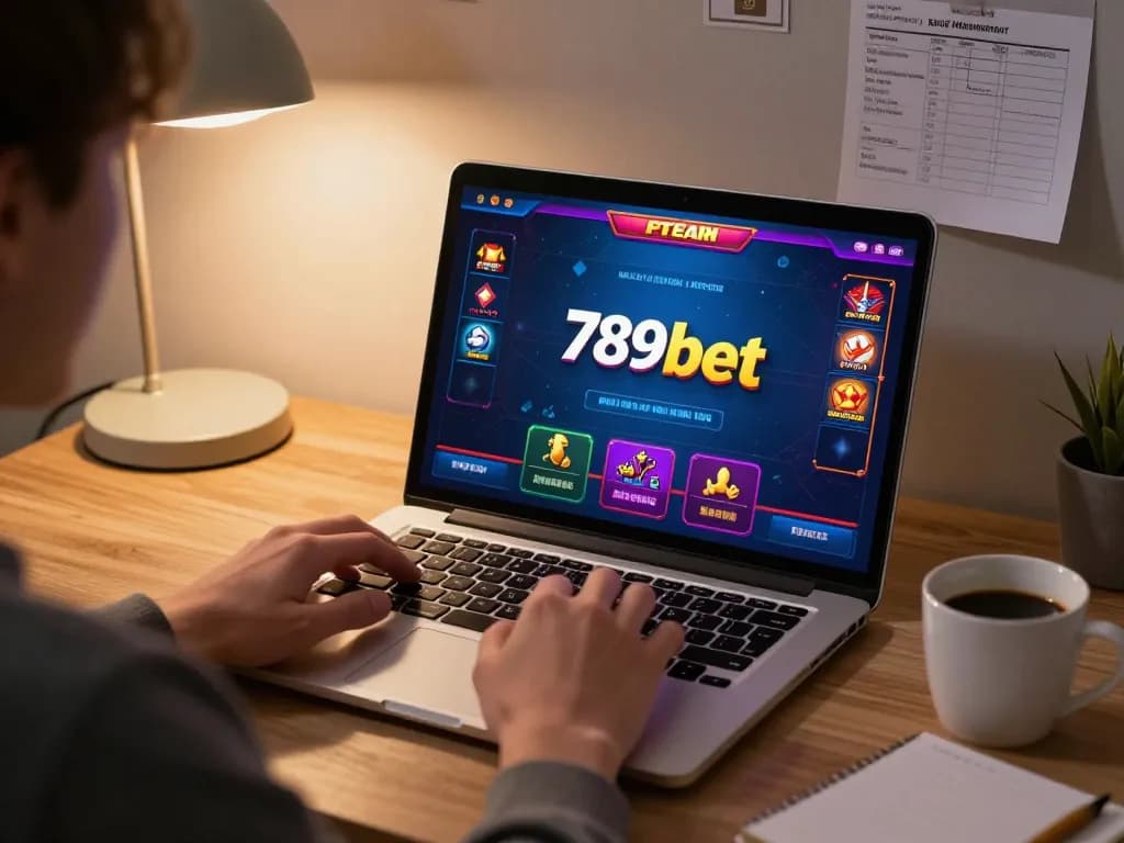 Player enjoying engaging games at 789bet on a laptop in a warm home setting.