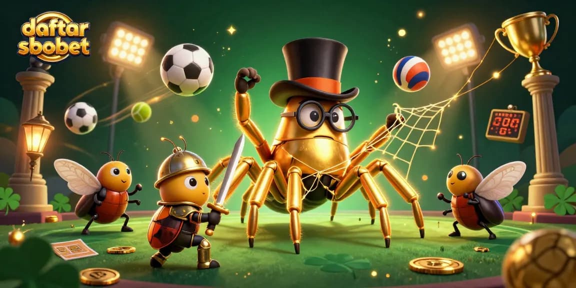 Place bets effectively with daftar sbobet, featuring a golden tarantula and sports elements.