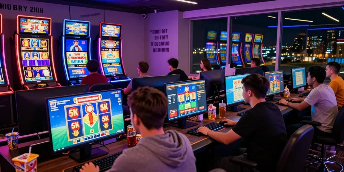 Online gaming session showcasing slot deposit 5k excitement with players engaging in virtual casino games in a lively atmosphere.