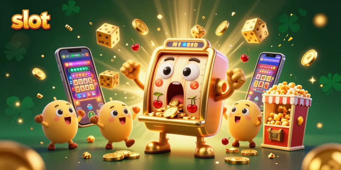 Mesin slot berfungsi menghasilkan koin saat jackpot tiba, dikelilingi elemen menarik.