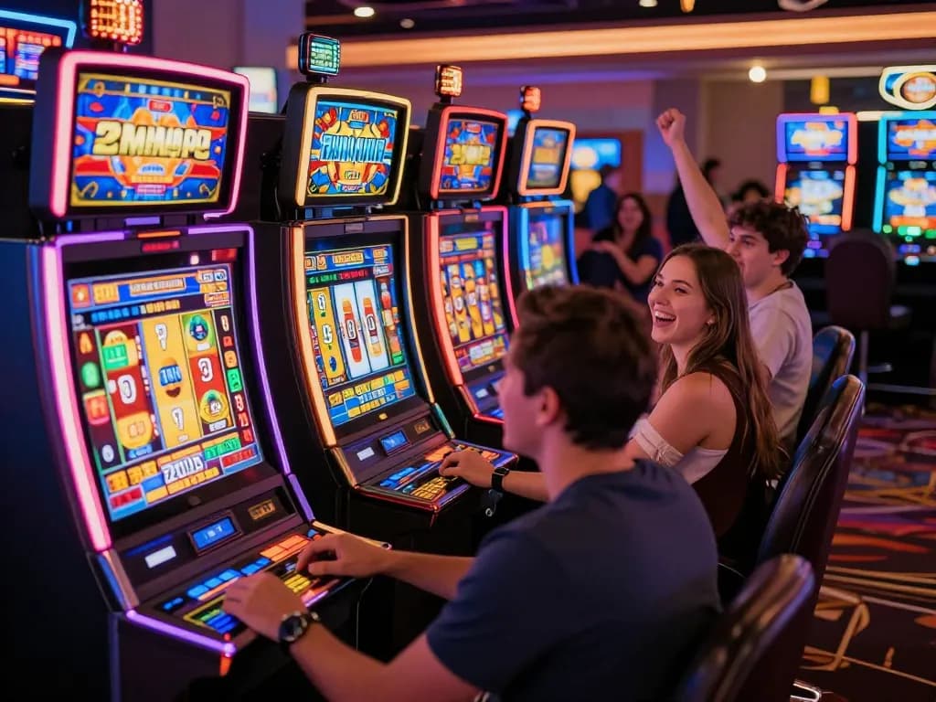 Players engaging with vibrant slot machines attract slot bonus new member 100 excitement in the casino.