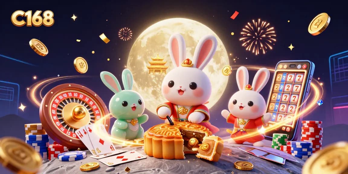 C168 offers exciting gaming with a whimsical moon rabbit and vibrant casino elements.