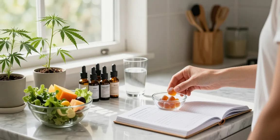 Discovering the benefits of weed edibles, with THC gummy preparation in a bright kitchen, featuring CBD oil and natural fruits.