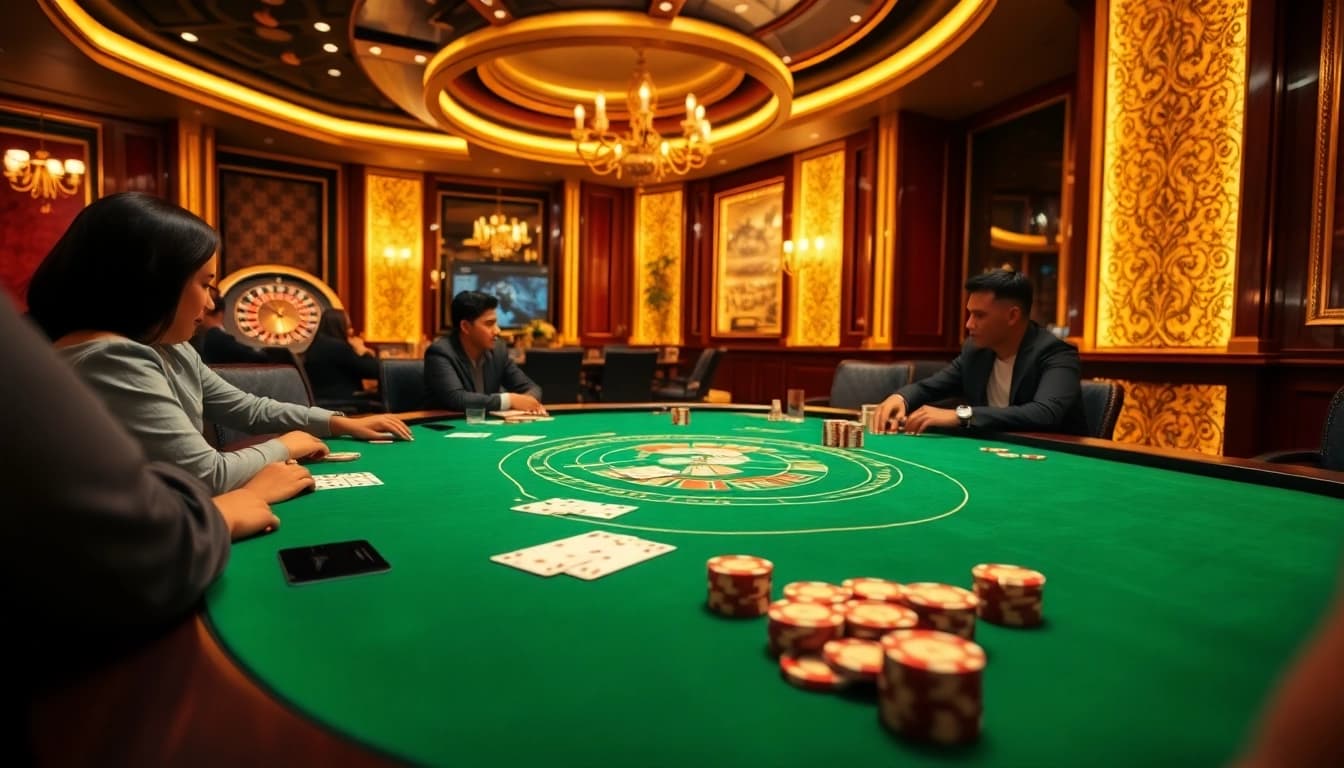 Players engage in a thrilling game of pokergacor at an elegant casino table filled with chips and cards.