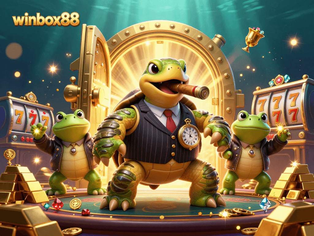 Experience the action of winbox88 with a vibrant 3D casino scene featuring a snapping turtle and bullfrog enforcers.