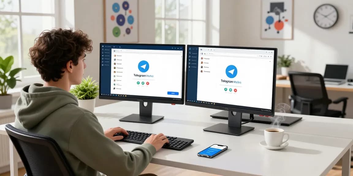 Engaging workspace with user navigating Telegram Web Version on a laptop, showcasing a modern tech environment.