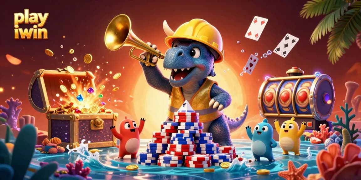 Play iwin at a vibrant scene celebrating fun with cartoon dinosaurs and casino elements.
