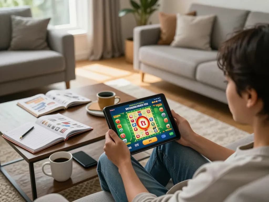 Person engaging with Prediksi Jitu while playing online lottery game on tablet in cozy home setting.