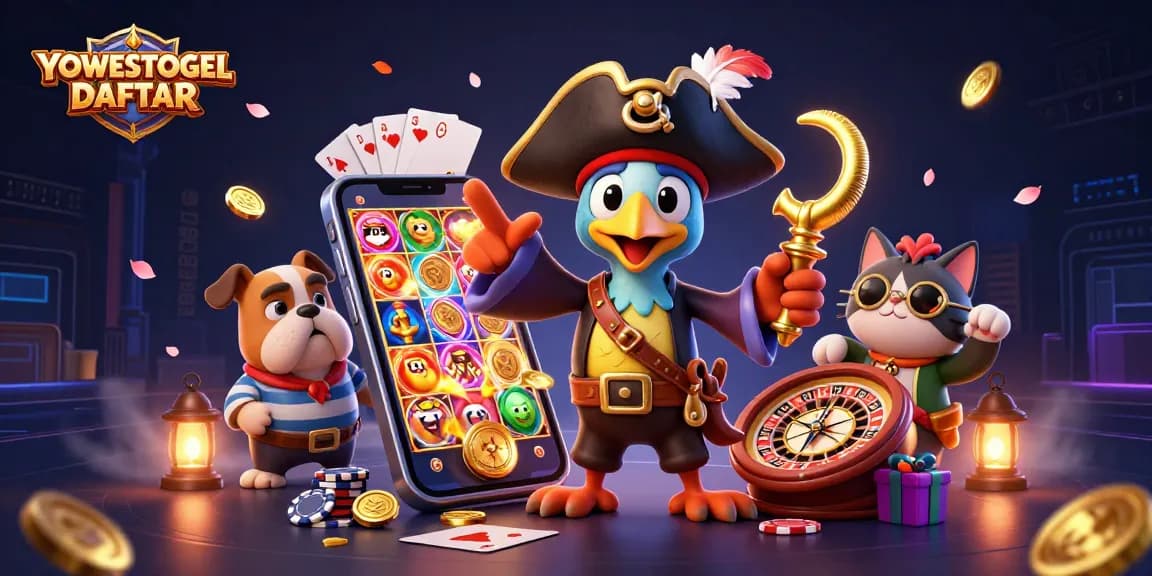 Play exciting games with YOWESTOGEL DAFTAR in a vibrant 3D pirate-themed casino illustration.