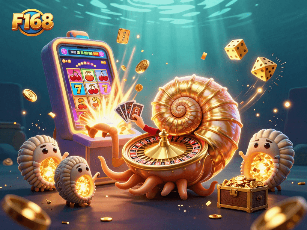 Engage with F168 as the ancient nautilus spins a golden roulette wheel amidst dazzling casino graphics.