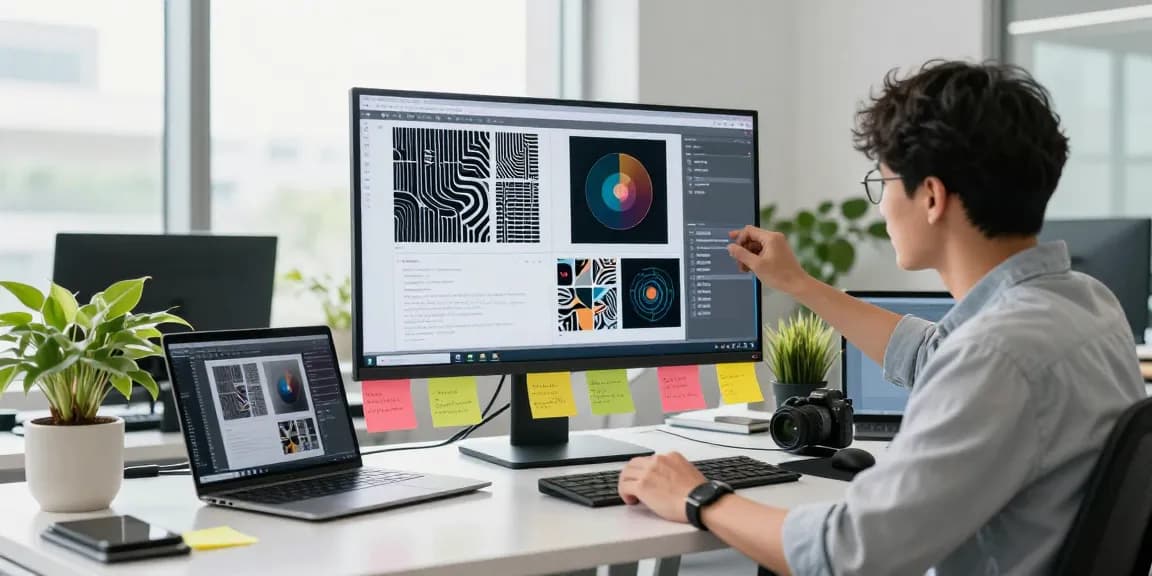 Using a free AI detector, a professional analyzes images in a bright office.
