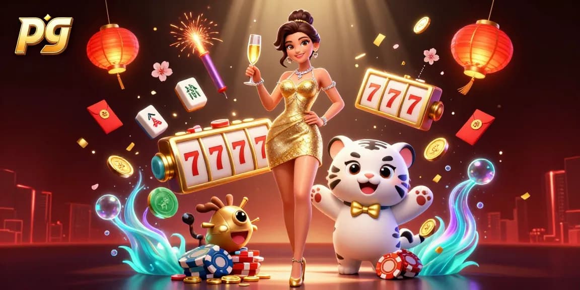 Engage with pg slots in a vibrant casino scene featuring a glamorous woman and a lucky tiger.