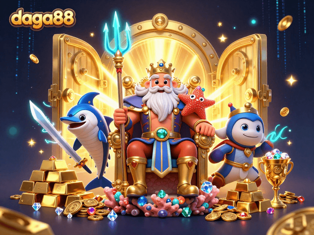 Experience the thrill of daga88 with Neptune and treasures in this vibrant casino scene.