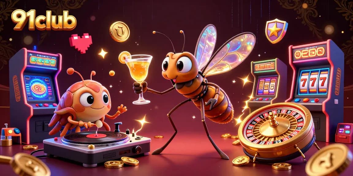 Experience the excitement at 91club with vibrant slot machines, games, and casino-themed elements.