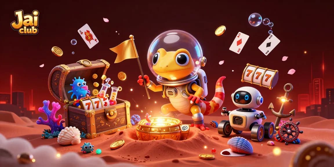 Play exciting games at Jai club with a vibrant 3D casino scene featuring unique characters and casino elements.