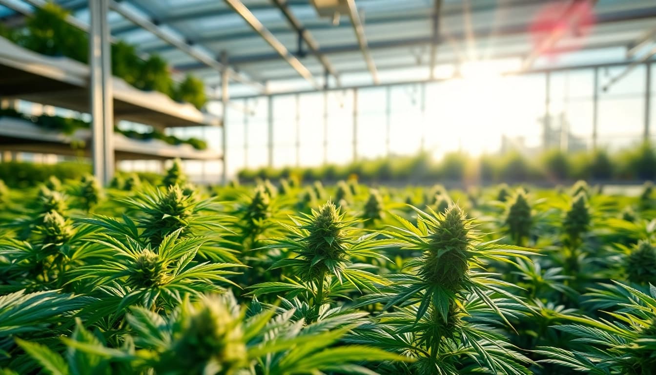 Find where to buy weed plants, showcasing vibrant cannabis plants in a sunny greenhouse.