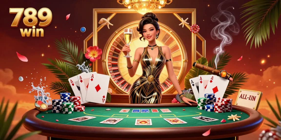 Experience the thrilling allure of 789 win with a glamorous casino illustration featuring a sophisticated woman enjoying a game.