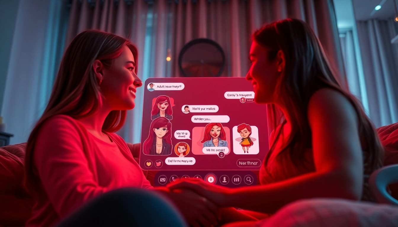 Engaging ai porn chat scene in a cozy digital chat room with animated characters.
