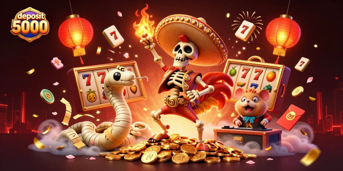 Spin to win at deposit 5000 online casino, featuring a victory dance among golden coins in a rich 3D scene.