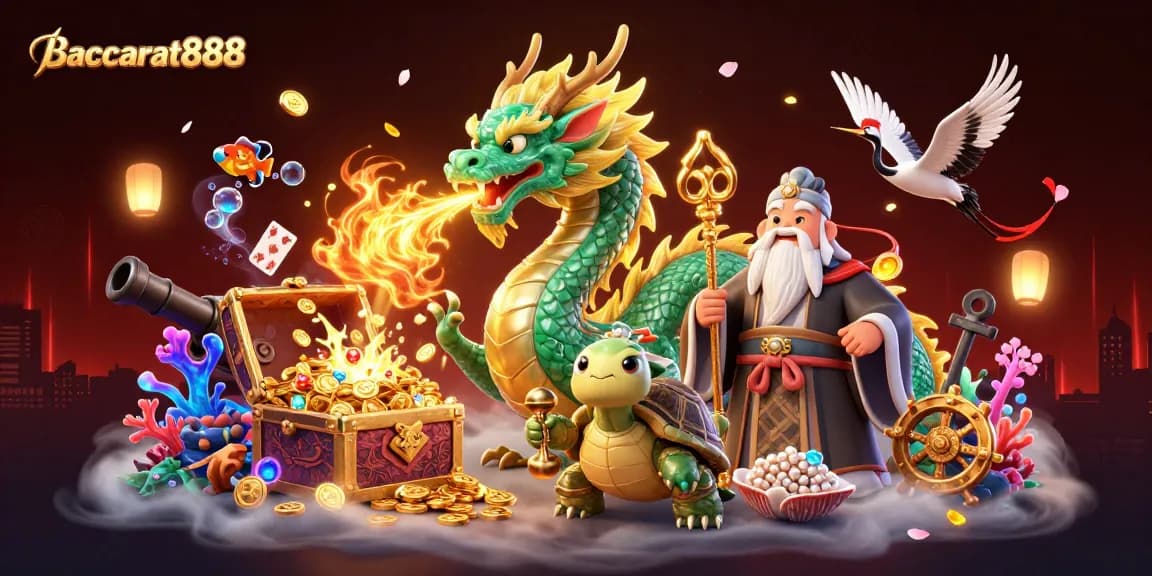 Experience winning with Baccarat888 as the jade dragon breathes fire amidst a vibrant casino scene.