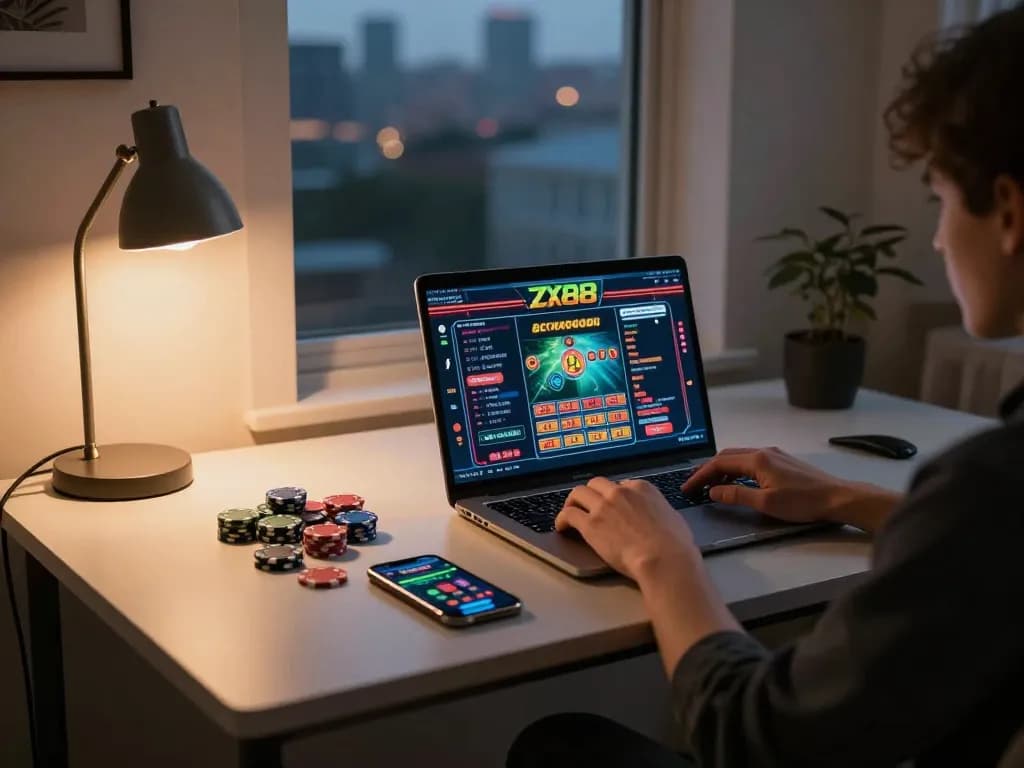 Engaging gameplay on ZX88 app from a laptop in a cozy home setting, showcasing strategic online casino experience
