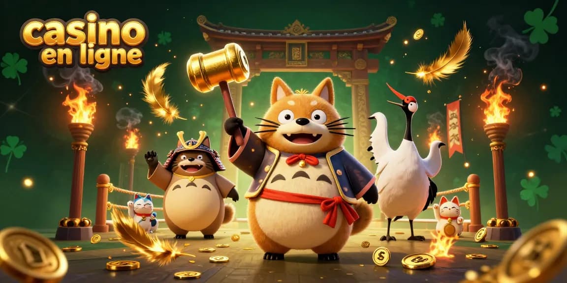 Jouer à des jeux au casino en ligne avec un tanuki, une grue et des maneki-neko chanceux dans une illustration dynamique.