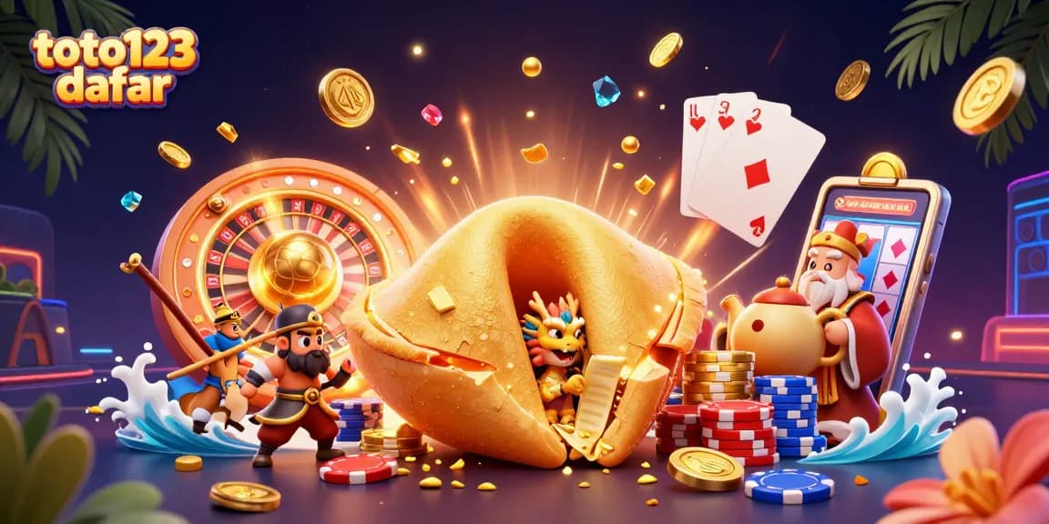 Toto123 daftar showcases a festive casino scene with a golden fortune cookie, dragon, and dynamic casino elements.