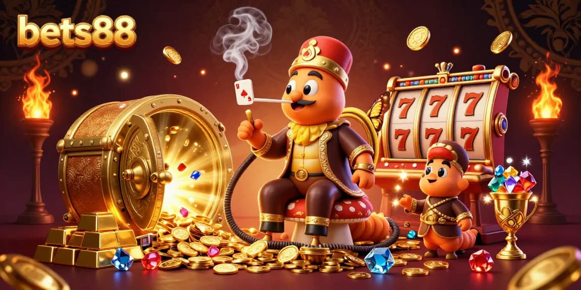 Experience the excitement of bets88 in a vibrant casino illustration with golden treasures and winning symbols.