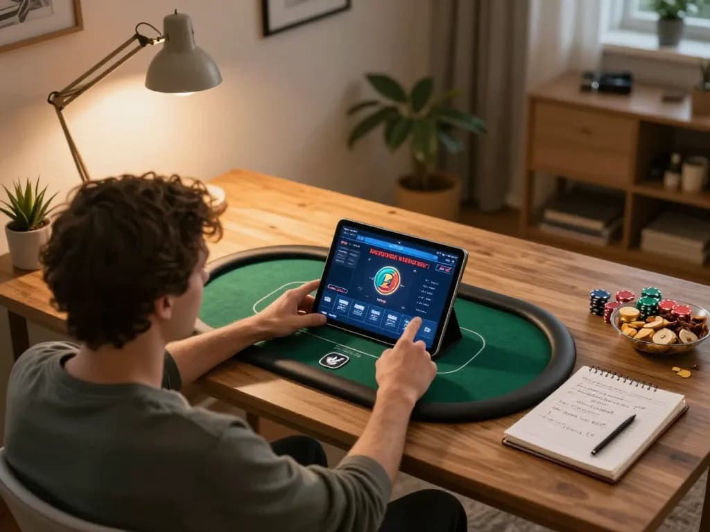 Engaging in online poker gameplay on 888NEW platform in a cozy home setting.
