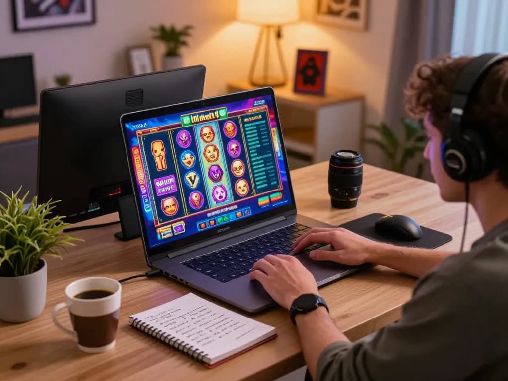 Engaging gameplay at DRAGON222's online casino, showcasing a player strategizing with a laptop and notebook.