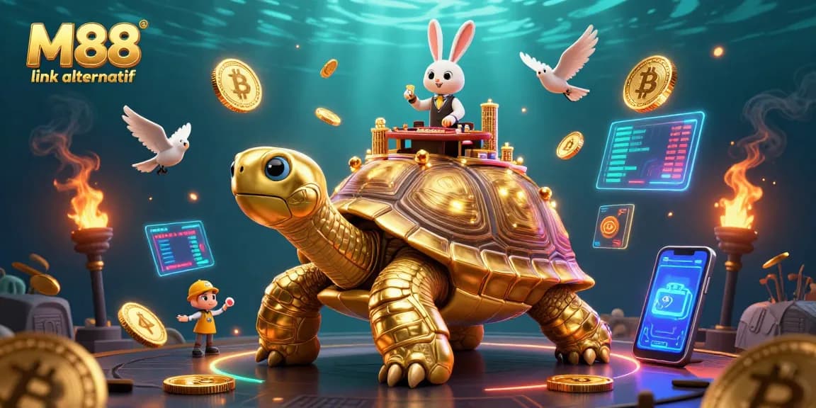 M88 link alternatif offers an exciting casino experience featuring a golden tortoise casino and a rabbit dealer.