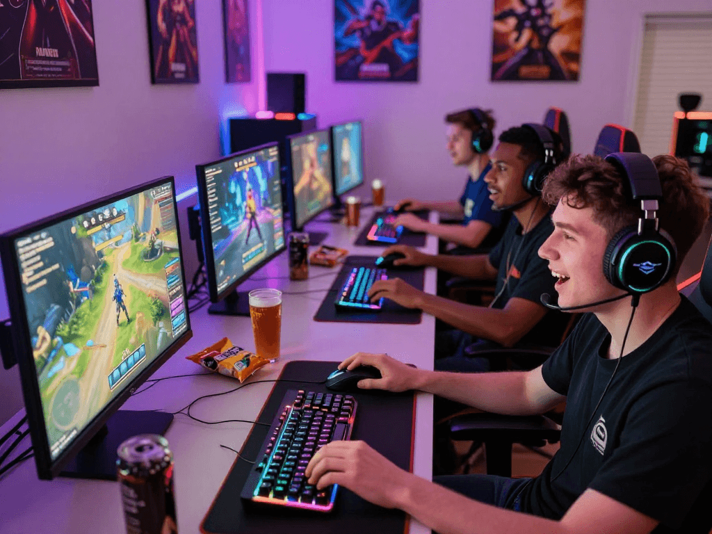 Engaging scene of gamers using link alternatif raja328 for multiplayer excitement in a colorful room.