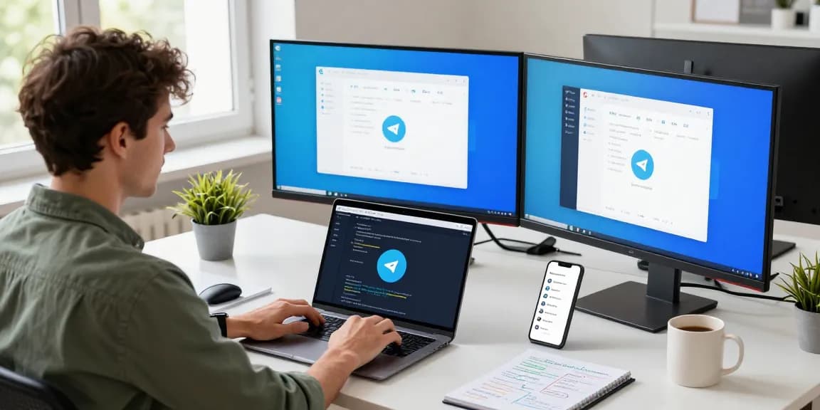 Developer coding Telegram中文版下载 on a laptop in a bright workspace.