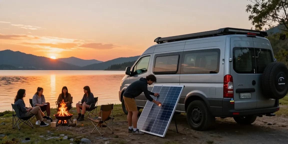 Exploring rokok 88 van electrics in a sunset lake scene with friends.