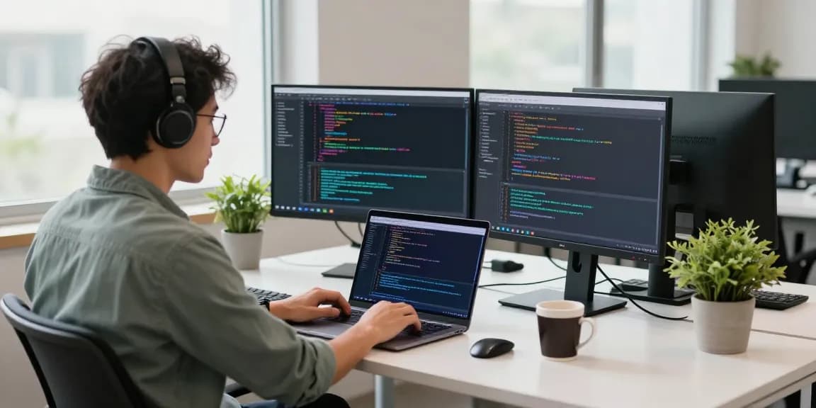 Dynamic coding scene showcasing crushonai in a modern tech workspace.