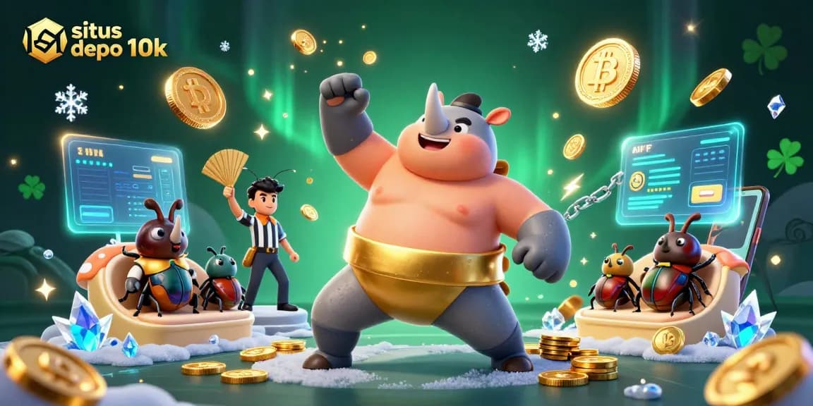 Experience the excitement with situs depo 10k featuring a robust beetle champion amidst coins and crypto treasures.