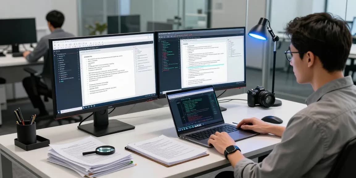 Detect PDF fraud with advanced technology in a modern workspace featuring dual monitors and forensic tools.